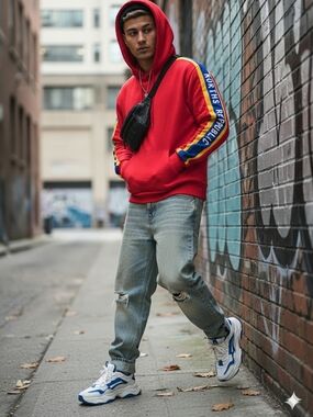 Red Hooded Pullover Sweatshirt with Contrast Logo 'North's Republic' Logo